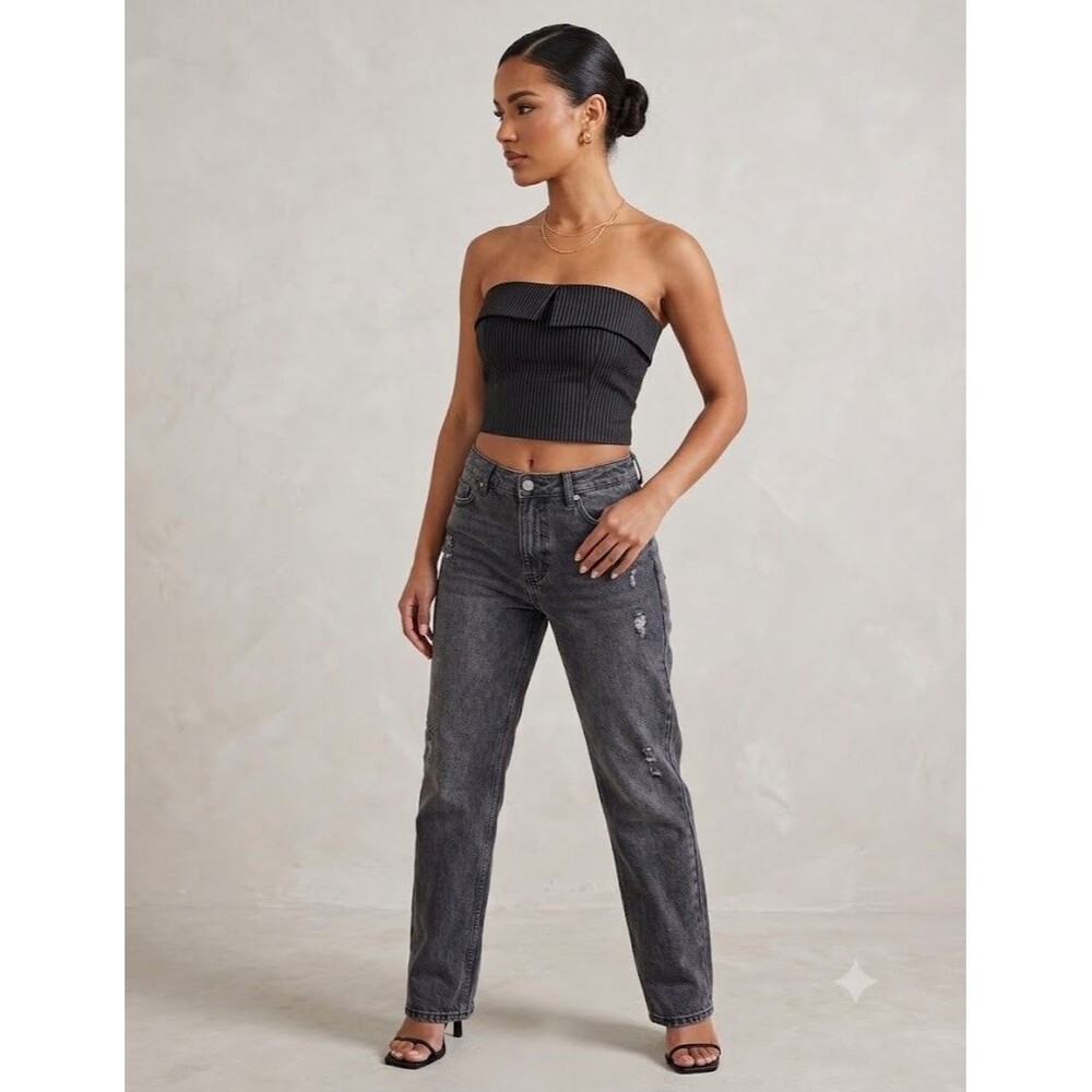 PLT Black Pinstripe Strapless Corset Top Bandeau Bustier Women Sz12 90s